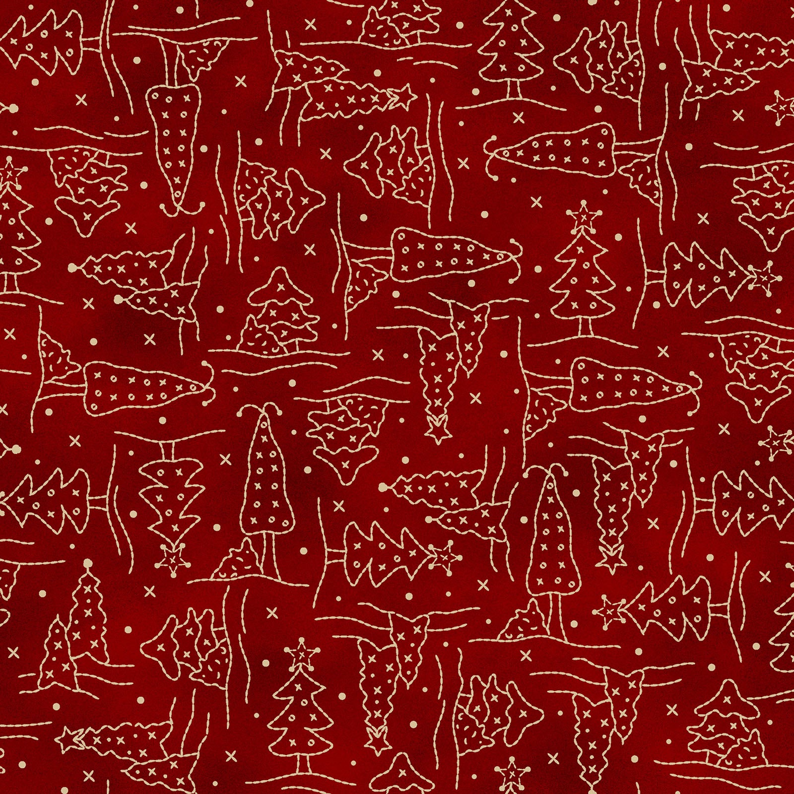 Fabric Pattern Christmas Trees in colors Green and Red from The Christmastime fabric collection by Robin Kingsley for Maywood Studio captures the charm of a country Christmas. The line features nostalgic redwork and greenwork motifs in a classic color palette of mottled cream, red, and green.