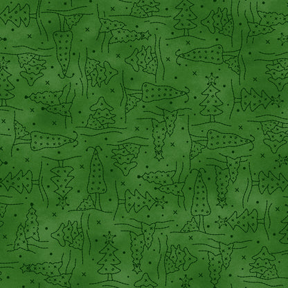 Fabric Pattern Christmas Trees in colors Green and Red from The Christmastime fabric collection by Robin Kingsley for Maywood Studio captures the charm of a country Christmas. The line features nostalgic redwork and greenwork motifs in a classic color palette of mottled cream, red, and green.