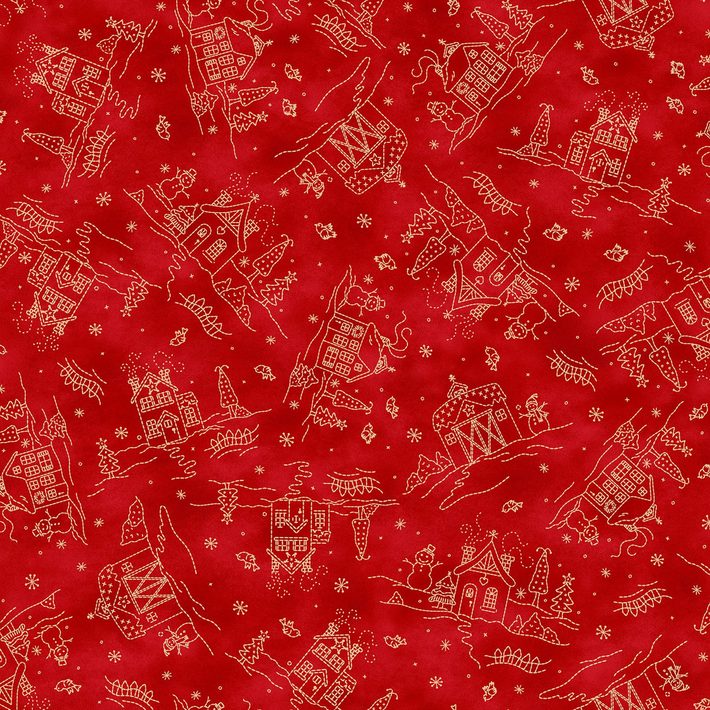 Fabric Pattern Cottages in colors Cream and Red from The Christmastime fabric collection by Robin Kingsley for Maywood Studio captures the charm of a country Christmas. The line features nostalgic redwork and greenwork motifs in a classic color palette of mottled cream, red, and green.