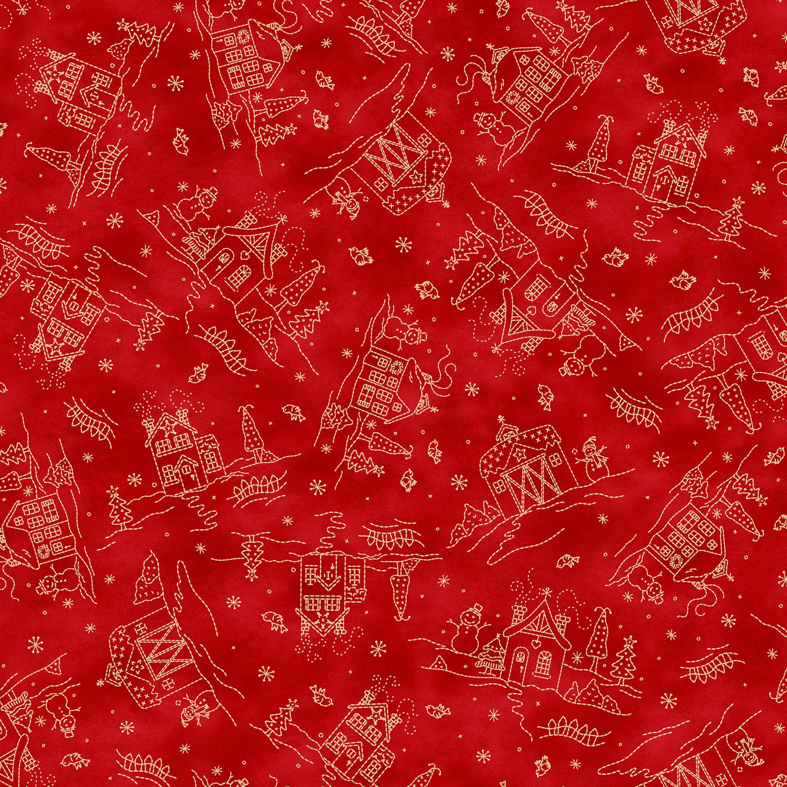 Fabric Pattern Cottages in colors Cream and Red from The Christmastime fabric collection by Robin Kingsley for Maywood Studio captures the charm of a country Christmas. The line features nostalgic redwork and greenwork motifs in a classic color palette of mottled cream, red, and green.