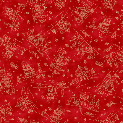 Fabric Pattern Cottages in colors Cream and Red from The Christmastime fabric collection by Robin Kingsley for Maywood Studio captures the charm of a country Christmas. The line features nostalgic redwork and greenwork motifs in a classic color palette of mottled cream, red, and green.