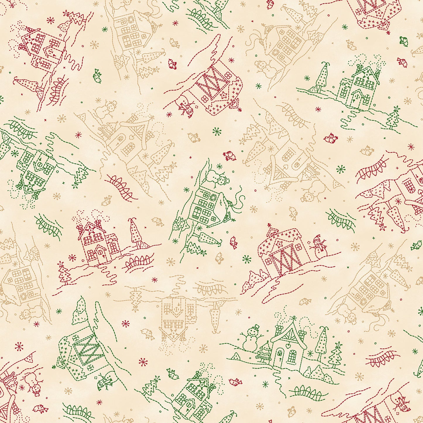Fabric Pattern Cottages in colors Cream and Red from The Christmastime fabric collection by Robin Kingsley for Maywood Studio captures the charm of a country Christmas. The line features nostalgic redwork and greenwork motifs in a classic color palette of mottled cream, red, and green.