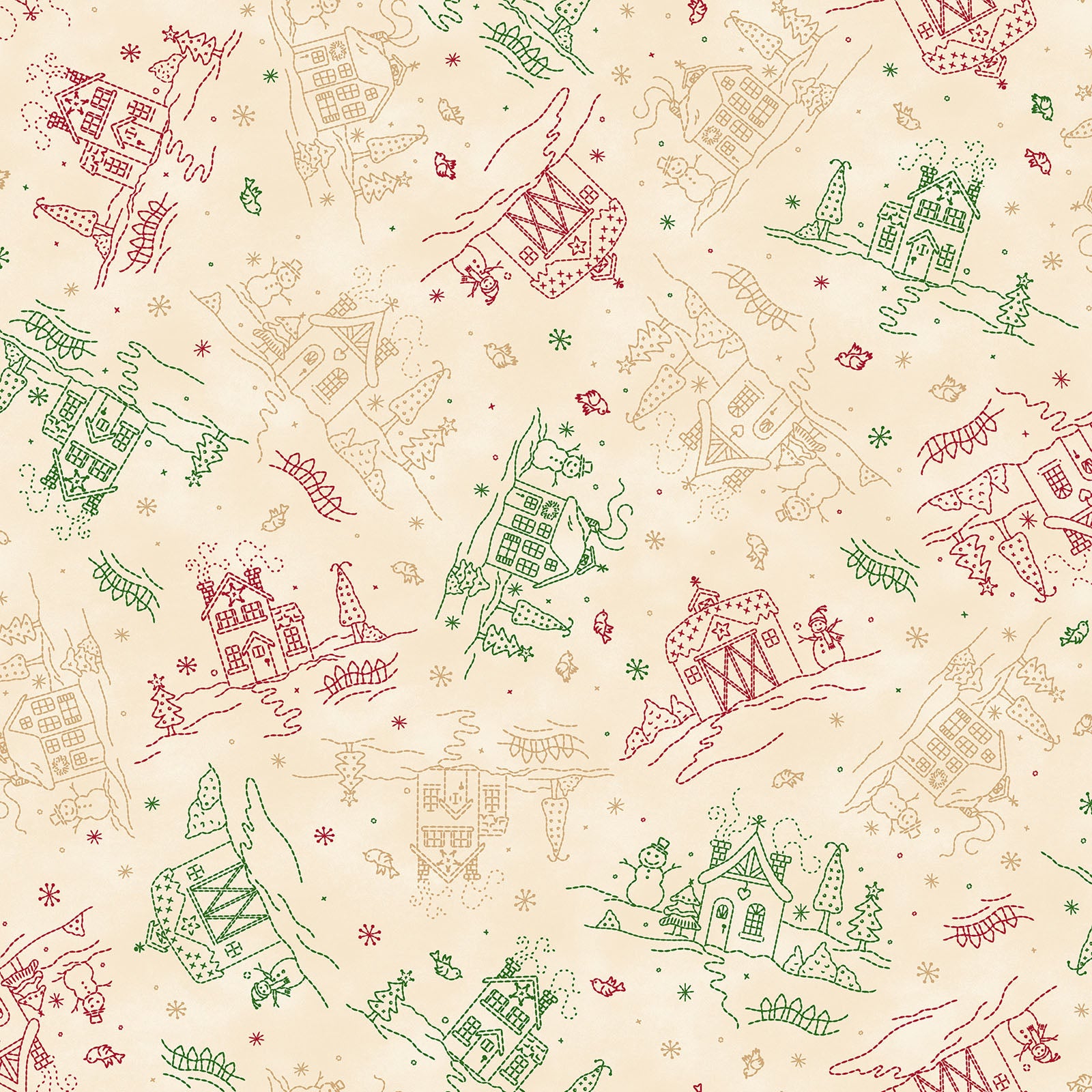 Fabric Pattern Cottages in colors Cream and Red from The Christmastime fabric collection by Robin Kingsley for Maywood Studio captures the charm of a country Christmas. The line features nostalgic redwork and greenwork motifs in a classic color palette of mottled cream, red, and green.