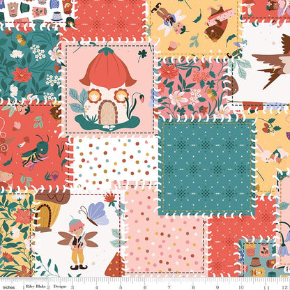 Fabric Pattern Handsewn Patchwork: A beautiful "cheater print" that mimics a heavily detailed patchwork quilt. The fabric is divided into various framed squares, each containing different illustrated elements like fairies, floral clusters, and sewing notions from The Thimbelina & the Sewing Fairies collection which is a storybook-inspired line centered around a tiny, magical sewing fairy.