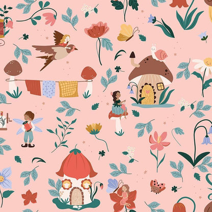 Fabric Pattern Main Print: The focal print features whimsical illustrations of Thimbelina and her fairy friends, along with toadstool mushroom houses, sewing machines, spools of thread, and delicate garden florals, Color Apricot Mist. from The Thimbelina & the Sewing Fairies collection which is a storybook-inspired line centered around a tiny, magical sewing fairy.