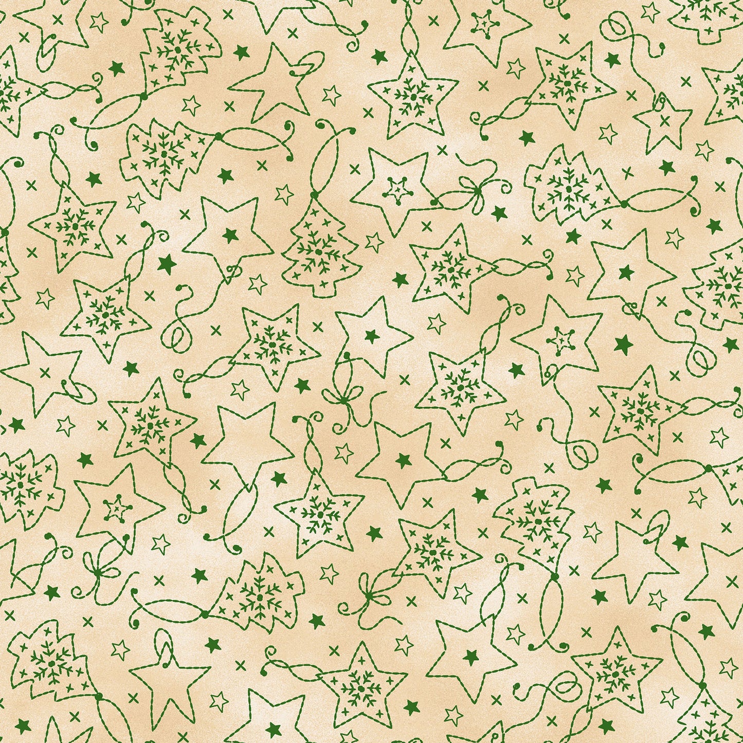 Fabric Pattern Ornaments in colors  Cream/Cream, Cream/Green, and  Cream/Red from The Christmastime fabric collection by Robin Kingsley for Maywood Studio captures the charm of a country Christmas. The line features nostalgic redwork and greenwork motifs in a classic color palette of mottled cream, red, and green.