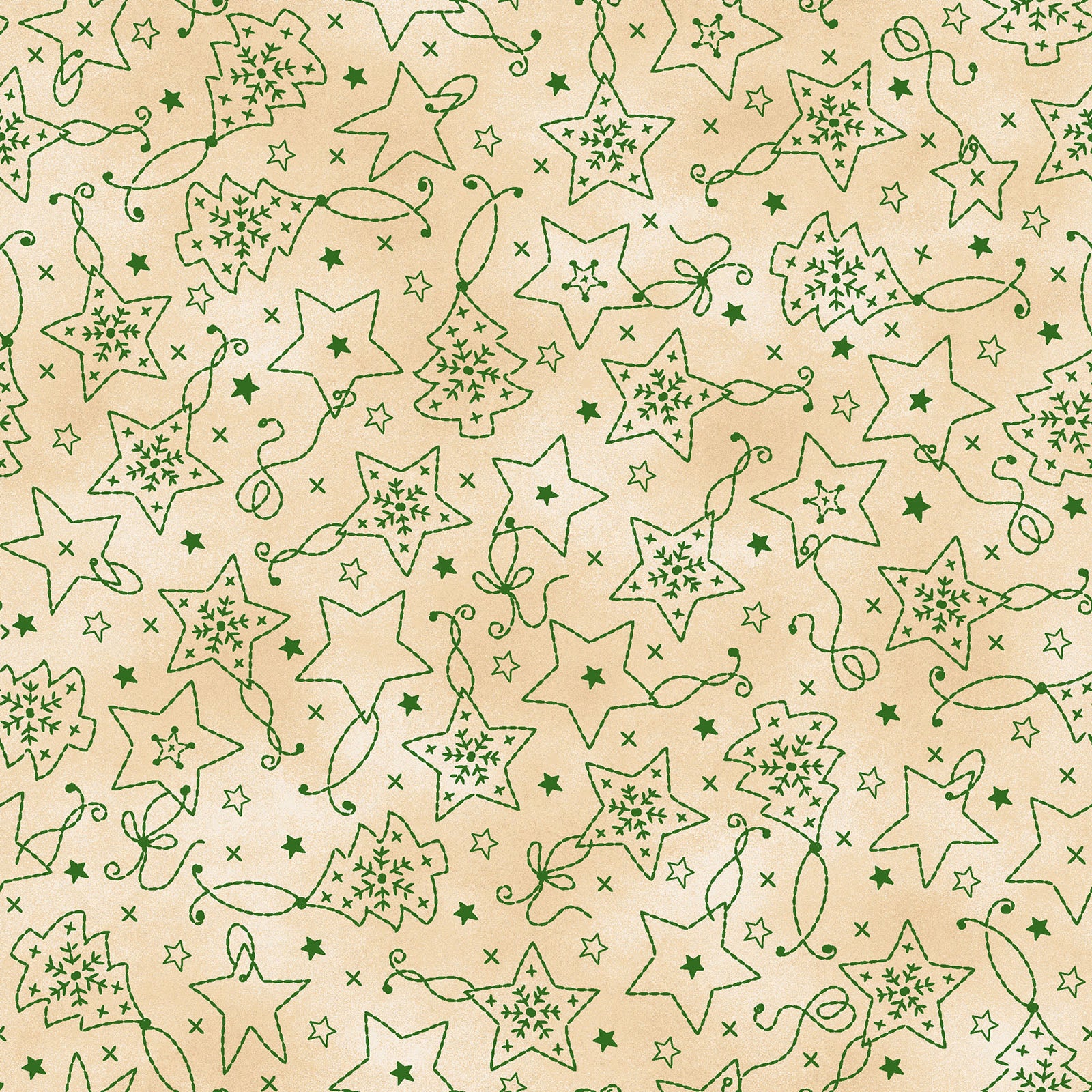 Fabric Pattern Ornaments in colors  Cream/Cream, Cream/Green, and  Cream/Red from The Christmastime fabric collection by Robin Kingsley for Maywood Studio captures the charm of a country Christmas. The line features nostalgic redwork and greenwork motifs in a classic color palette of mottled cream, red, and green.