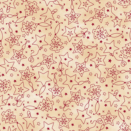 Fabric Pattern Ornaments in colors  Cream/Cream, Cream/Green, and  Cream/Red from The Christmastime fabric collection by Robin Kingsley for Maywood Studio captures the charm of a country Christmas. The line features nostalgic redwork and greenwork motifs in a classic color palette of mottled cream, red, and green.