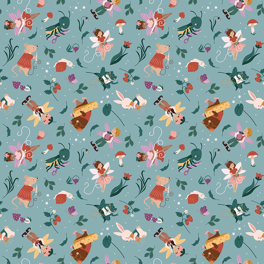 Fabric Pattern Sewing Fairies mist: A playful print showcasing the fairies actively sewing, quilting, and using their wings to paint or stitch from The Thimbelina & the Sewing Fairies collection which is a storybook-inspired line centered around a tiny, magical sewing fairy.