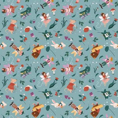 Fabric Pattern Sewing Fairies mist: A playful print showcasing the fairies actively sewing, quilting, and using their wings to paint or stitch from The Thimbelina & the Sewing Fairies collection which is a storybook-inspired line centered around a tiny, magical sewing fairy.