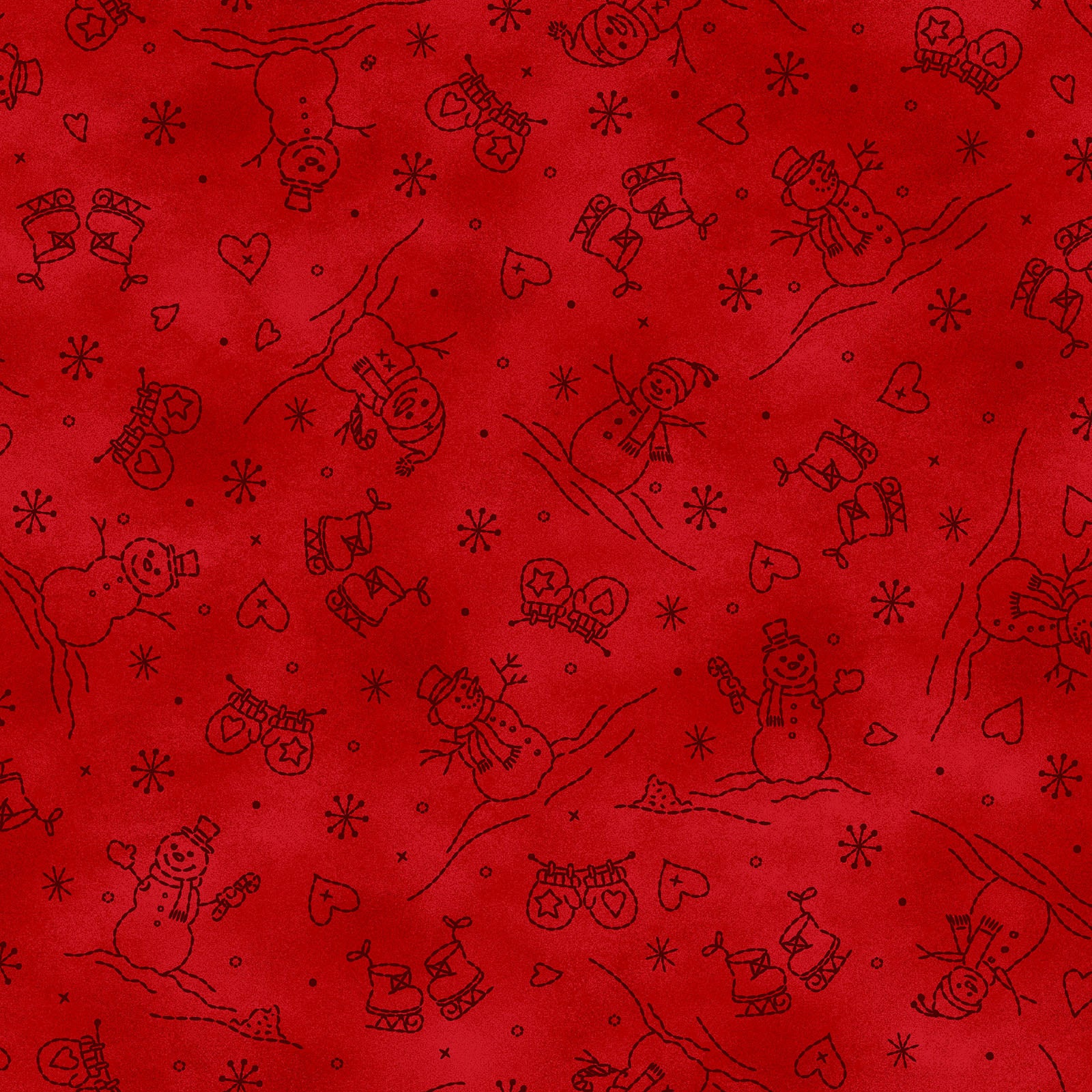 Fabric Pattern Snowman in colors Cream and Red from The Christmastime fabric collection by Robin Kingsley for Maywood Studio captures the charm of a country Christmas. The line features nostalgic redwork and greenwork motifs in a classic color palette of mottled cream, red, and green.