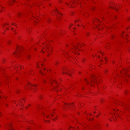 Fabric Pattern Snowman in colors Cream and Red from The Christmastime fabric collection by Robin Kingsley for Maywood Studio captures the charm of a country Christmas. The line features nostalgic redwork and greenwork motifs in a classic color palette of mottled cream, red, and green.