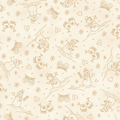 Fabric Pattern Snowman in colors Cream and Red from The Christmastime fabric collection by Robin Kingsley for Maywood Studio captures the charm of a country Christmas. The line features nostalgic redwork and greenwork motifs in a classic color palette of mottled cream, red, and green.