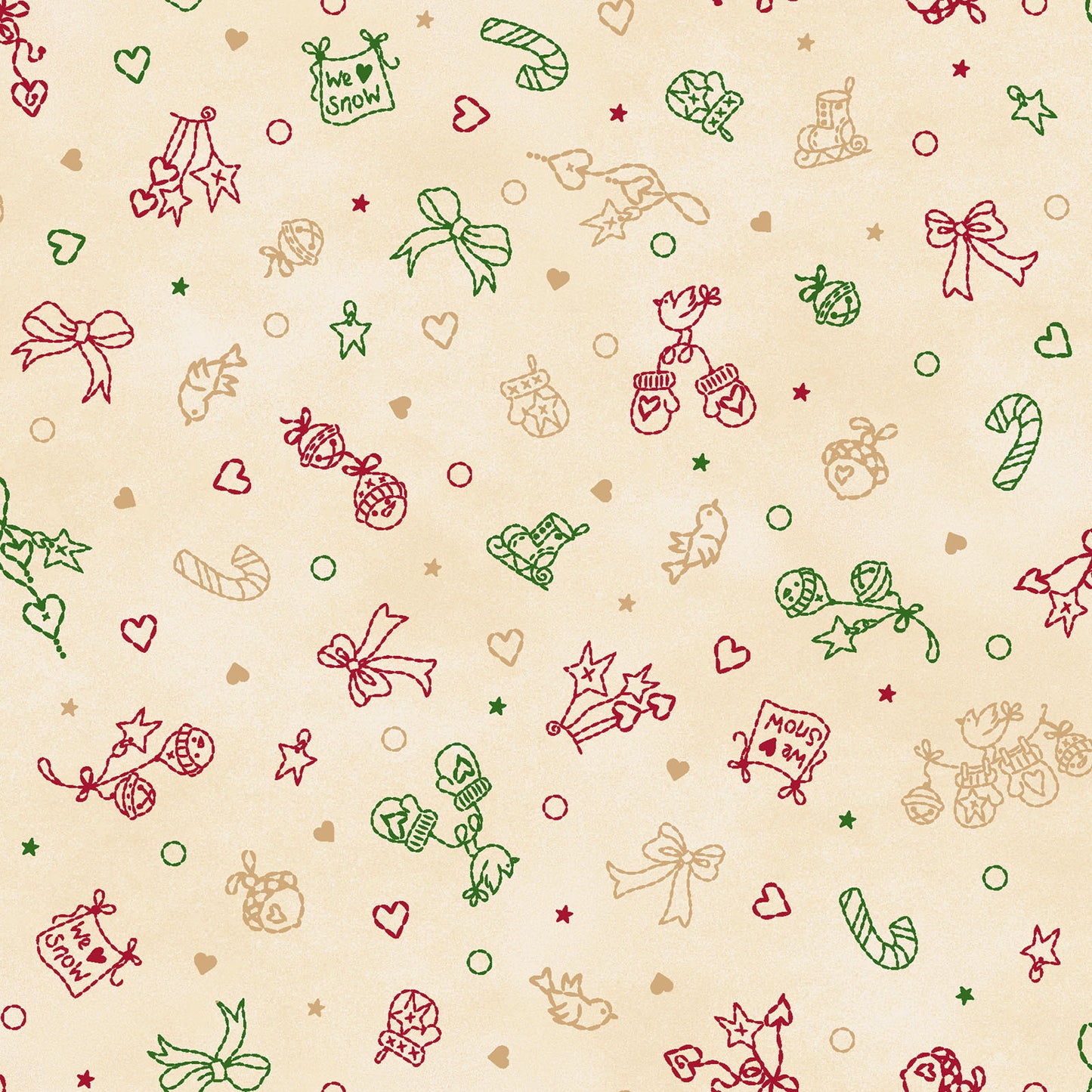 Fabric Pattern Stocking Stuffers in colors Cream Green and Red from The Christmastime fabric collection by Robin Kingsley for Maywood Studio captures the charm of a country Christmas. The line features nostalgic redwork and greenwork motifs in a classic color palette of mottled cream, red, and green.