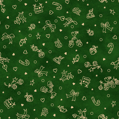 Fabric Pattern Stocking Stuffers in colors Cream Green and Red from The Christmastime fabric collection by Robin Kingsley for Maywood Studio captures the charm of a country Christmas. The line features nostalgic redwork and greenwork motifs in a classic color palette of mottled cream, red, and green.