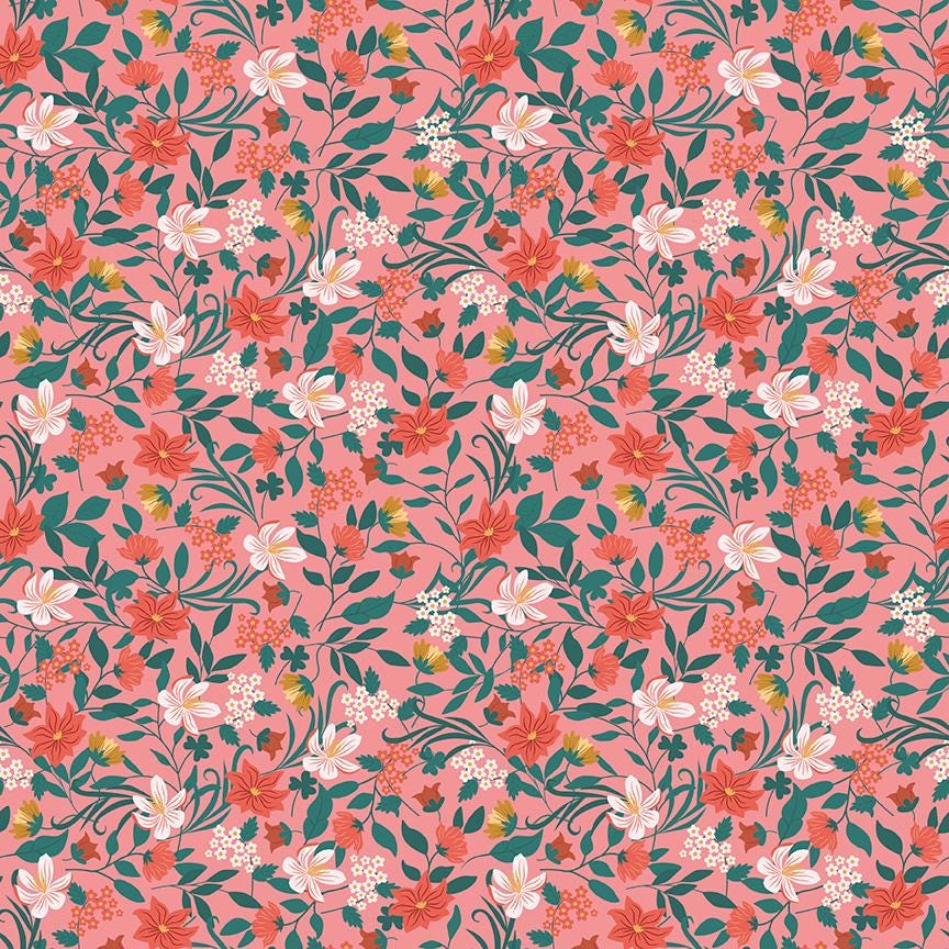 Fabric Pattern The "Fairy Garden/Floraly Coral" pattern is a cheerful, vintage-inspired design that captures a whimsical storybook aesthetic. The Motifs: The design features a dense, meadow-like arrangement of delicate, blooming garden flowers. The floral illustrations are highly stylized with a hand-painted quality, featuring intricate lines & soft shaded centers from The Thimbelina & the Sewing Fairies collection which is a storybook-inspired line centered around a tiny, magical sewing fairy.