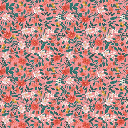 Fabric Pattern The "Fairy Garden/Floraly Coral" pattern is a cheerful, vintage-inspired design that captures a whimsical storybook aesthetic. The Motifs: The design features a dense, meadow-like arrangement of delicate, blooming garden flowers. The floral illustrations are highly stylized with a hand-painted quality, featuring intricate lines & soft shaded centers from The Thimbelina & the Sewing Fairies collection which is a storybook-inspired line centered around a tiny, magical sewing fairy.