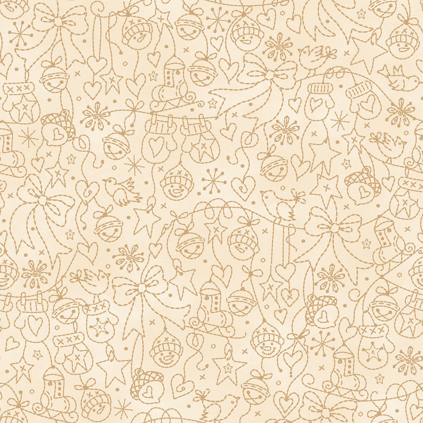 Fabric Pattern Tree Decorations in colors Cream Green and Red from The Christmastime fabric collection by Robin Kingsley for Maywood Studio captures the charm of a country Christmas. The line features nostalgic redwork and greenwork motifs in a classic color palette of mottled cream, red, and green.