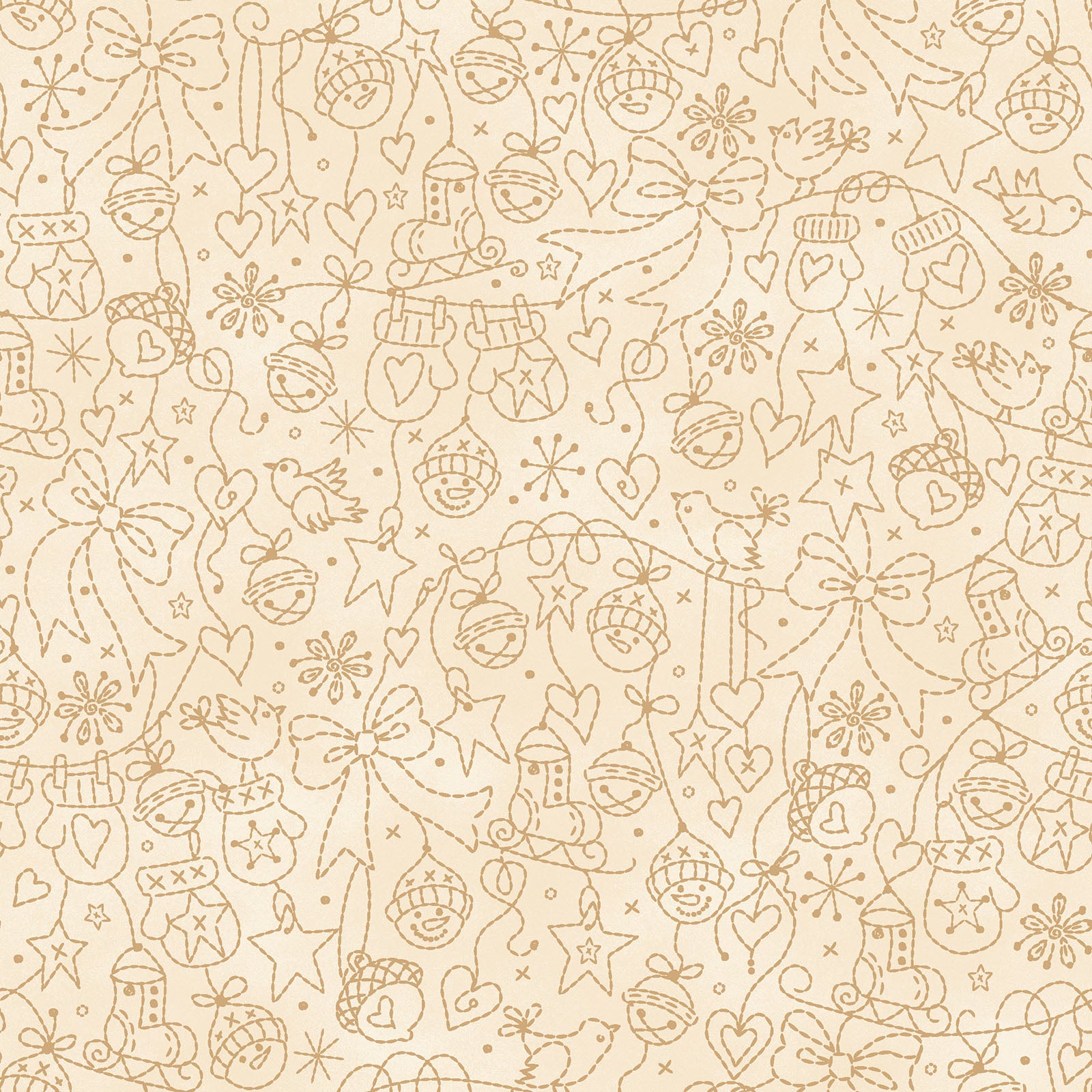 Fabric Pattern Tree Decorations in colors Cream Green and Red from The Christmastime fabric collection by Robin Kingsley for Maywood Studio captures the charm of a country Christmas. The line features nostalgic redwork and greenwork motifs in a classic color palette of mottled cream, red, and green.