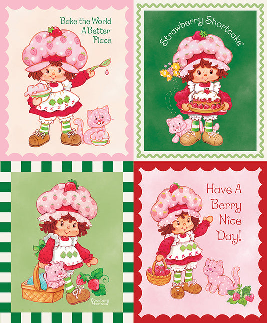 patchwork panel from the fabric collection the world of strawberry shortcake :A larger storybook/feature panel ideal for focal quilt blocks, wall hangings, or tote bag centers