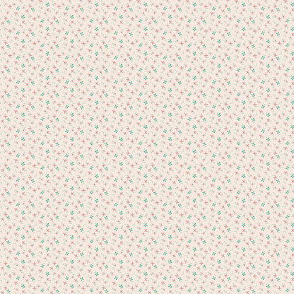 Fabric pattern Wildflowers (Latte): A whimsical, scattered print of wildflower sprigs on a warm latte background. Fabric patterns are from The Berry & Sage fabric collection by Lori Holt for Riley Blake Designs which is a vintage-inspired line  characterized by a color palette of coral, tea rose, cherry, alpine, latte, and sage.