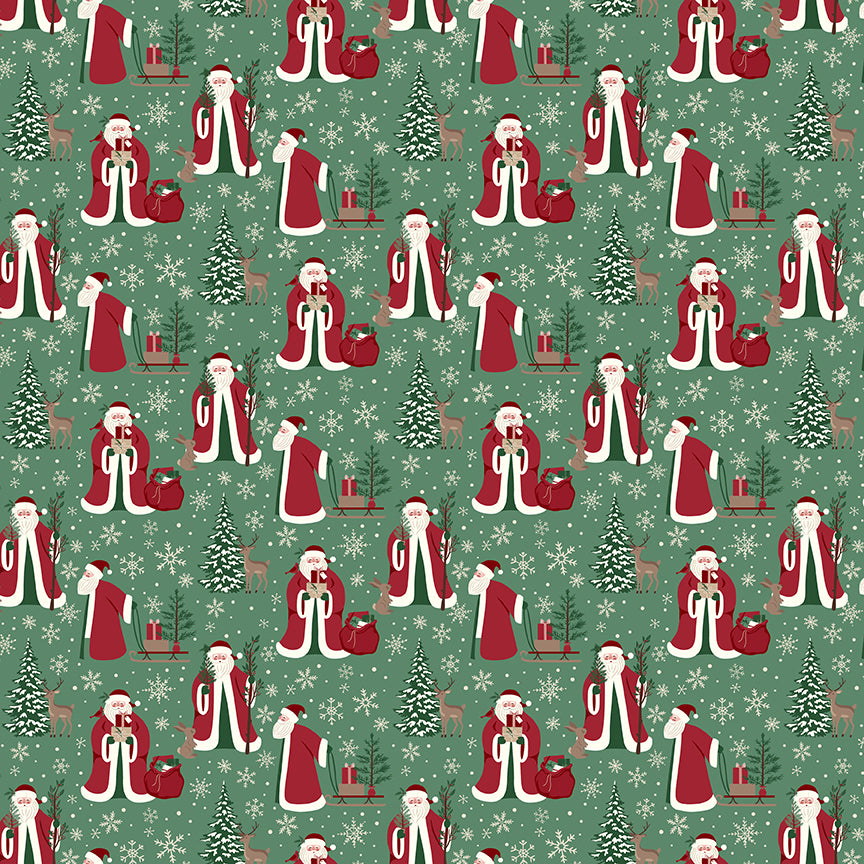 Fabric pattern Christmas Time Main: This signature print features vintage-inspired Santas surrounded by winter trees, pinecones, holly, and seasonal typography. Background Colors: Green, Linen, and Tan from The Christmas Time fabric collection by Dani Mogstad for Riley Blake Designs features nostalgic, vintage-inspired holiday look. It captures the charm of the season with woodland deer, vintage Santas, and holiday foliage. The collection spans a classic palette of red, green, and neutral tones.