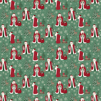 Fabric pattern Christmas Time Main: This signature print features vintage-inspired Santas surrounded by winter trees, pinecones, holly, and seasonal typography. Background Colors: Green, Linen, and Tan from The Christmas Time fabric collection by Dani Mogstad for Riley Blake Designs features nostalgic, vintage-inspired holiday look. It captures the charm of the season with woodland deer, vintage Santas, and holiday foliage. The collection spans a classic palette of red, green, and neutral tones.