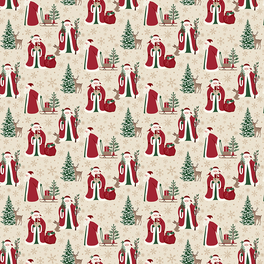 Fabric pattern Christmas Time Main: This signature print features vintage-inspired Santas surrounded by winter trees, pinecones, holly, and seasonal typography. Background Colors: Green, Linen, and Tan from The Christmas Time fabric collection by Dani Mogstad for Riley Blake Designs features nostalgic, vintage-inspired holiday look. It captures the charm of the season with woodland deer, vintage Santas, and holiday foliage. The collection spans a classic palette of red, green, and neutral tones.