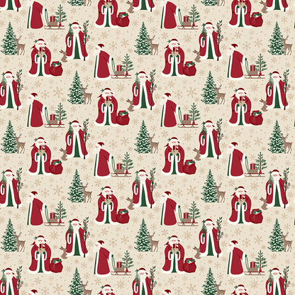 Fabric pattern Christmas Time Main: This signature print features vintage-inspired Santas surrounded by winter trees, pinecones, holly, and seasonal typography. Background Colors: Green, Linen, and Tan from The Christmas Time fabric collection by Dani Mogstad for Riley Blake Designs features nostalgic, vintage-inspired holiday look. It captures the charm of the season with woodland deer, vintage Santas, and holiday foliage. The collection spans a classic palette of red, green, and neutral tones.
