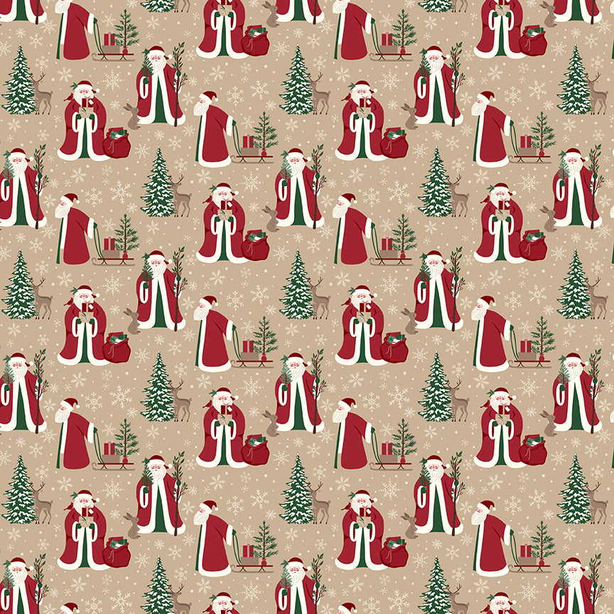 Fabric pattern Christmas Time Main: This signature print features vintage-inspired Santas surrounded by winter trees, pinecones, holly, and seasonal typography. Background Colors: Green, Linen, and Tan from The Christmas Time fabric collection by Dani Mogstad for Riley Blake Designs features nostalgic, vintage-inspired holiday look. It captures the charm of the season with woodland deer, vintage Santas, and holiday foliage. The collection spans a classic palette of red, green, and neutral tones.