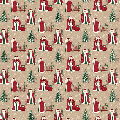 Fabric pattern Christmas Time Main: This signature print features vintage-inspired Santas surrounded by winter trees, pinecones, holly, and seasonal typography. Background Colors: Green, Linen, and Tan from The Christmas Time fabric collection by Dani Mogstad for Riley Blake Designs features nostalgic, vintage-inspired holiday look. It captures the charm of the season with woodland deer, vintage Santas, and holiday foliage. The collection spans a classic palette of red, green, and neutral tones.