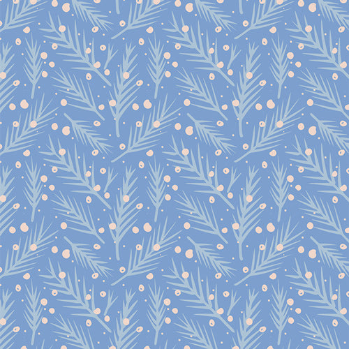 Fabric pattern Frostvine (SBC-FF-3112): Graceful, winding winter botanical and pine leaf vine motifs from the frost and Fir Collection  by Sewcial Bee Collective for Art Gallery Fabrics , 100% premium cotton winter collection (125g/sqm, 44-45" wide) celebrating cozy nights, snowy alpine adventures, and the first snowfall with icy blues, blush pinks, sage greens, teal, and plum.