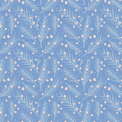 Fabric pattern Frostvine (SBC-FF-3112): Graceful, winding winter botanical and pine leaf vine motifs from the frost and Fir Collection  by Sewcial Bee Collective for Art Gallery Fabrics , 100% premium cotton winter collection (125g/sqm, 44-45" wide) celebrating cozy nights, snowy alpine adventures, and the first snowfall with icy blues, blush pinks, sage greens, teal, and plum.