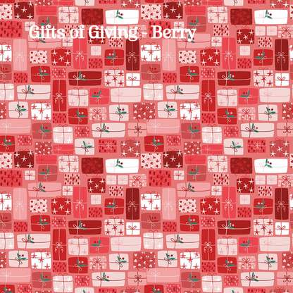 Fabric pattern Gifts of Giving berry: An allover multi-colored layout of stacked, beautifully wrapped holiday packages and ribbon.Colors: Berry, Multi, Spearmint from The Nutcracker Tradition fabric collection is designed by Jennifer Long of Sew A Story for Riley Blake Designs. Inspired by the classic Christmas Eve ballet with beloved characters like the Nutcracker, Clara, the Mouse King, and the Sugar Plum Fairy.