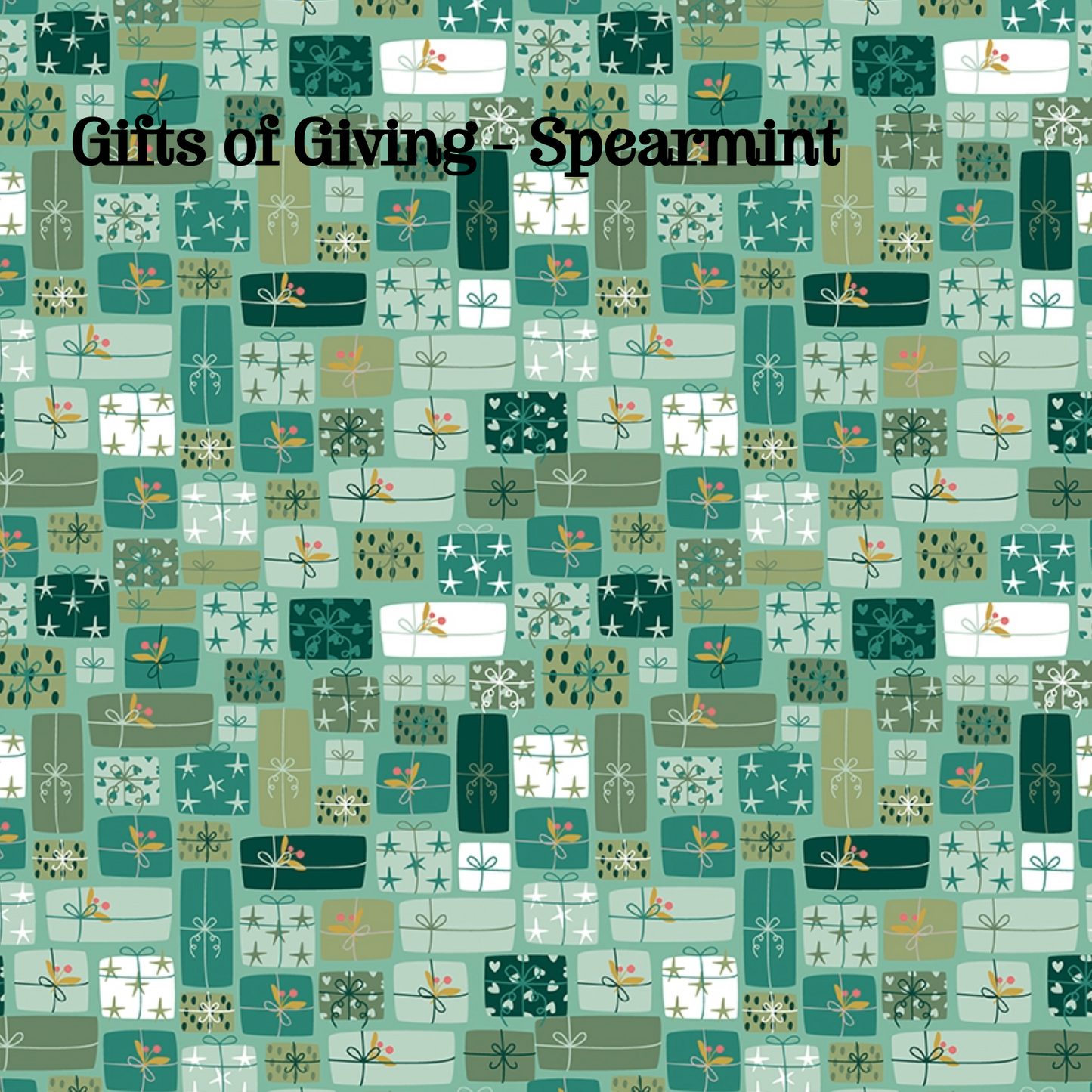 Fabric pattern Gifts of Giving Spearmint: An allover multi-colored layout of stacked, beautifully wrapped holiday packages and ribbon.Colors: Berry, Multi, Spearmint from The Nutcracker Tradition fabric collection is designed by Jennifer Long of Sew A Story for Riley Blake Designs. Inspired by the classic Christmas Eve ballet with beloved characters like the Nutcracker, Clara, the Mouse King, and the Sugar Plum Fairy.