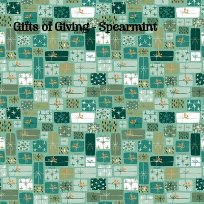 Fabric pattern Gifts of Giving Spearmint: An allover multi-colored layout of stacked, beautifully wrapped holiday packages and ribbon.Colors: Berry, Multi, Spearmint from The Nutcracker Tradition fabric collection is designed by Jennifer Long of Sew A Story for Riley Blake Designs. Inspired by the classic Christmas Eve ballet with beloved characters like the Nutcracker, Clara, the Mouse King, and the Sugar Plum Fairy.