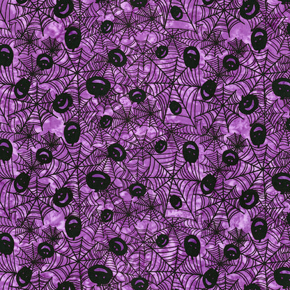 Fabric pattern Glossy grape: hand-stamped spiderweb with jack o lantern faces on a rich purple background from The Whispering Hollows collection which features fun Halloween images, with colors invoking midnight skies, as well as favorite seasonal hues. The Batiks Collections by Riley Blake are produced in state-of-the-art facilities with the best Tjap designers and makers, color experts, and stamp prodigies.
