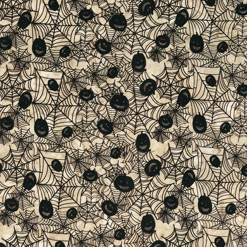 Fabric pattern Oatmeal : hand-stamped spiderweb with jack o lantern faces on oatmeal background from The Whispering Hollows collection which features fun Halloween images, with colors invoking midnight skies, as well as favorite seasonal hues. The Batiks Collections by Riley Blake are produced in state-of-the-art facilities with the best Tjap designers and makers, color experts, and stamp prodigies.