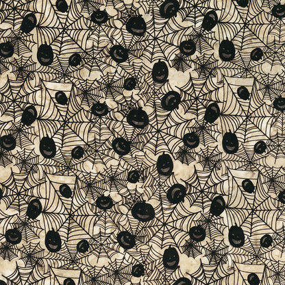 Fabric pattern Oatmeal : hand-stamped spiderweb with jack o lantern faces on oatmeal background from The Whispering Hollows collection which features fun Halloween images, with colors invoking midnight skies, as well as favorite seasonal hues. The Batiks Collections by Riley Blake are produced in state-of-the-art facilities with the best Tjap designers and makers, color experts, and stamp prodigies.