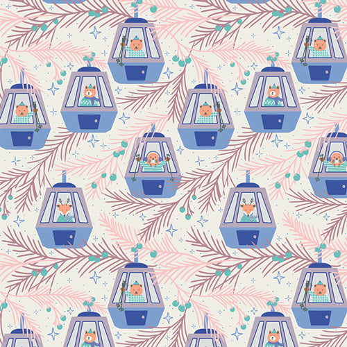 Fabric pattern Snowy Adventures (SBC-FF-3110): Whimsical print featuring playful winter scenes like little animals/bears riding in ski gondola from the  by Sewcial Bee Collective for Art Gallery Fabrics , 100% premium cotton winter collection (125g/sqm, 44-45" wide) celebrating cozy nights, snowy alpine adventures, and the first snowfall with icy blues, blush pinks, sage greens, teal, and plum.