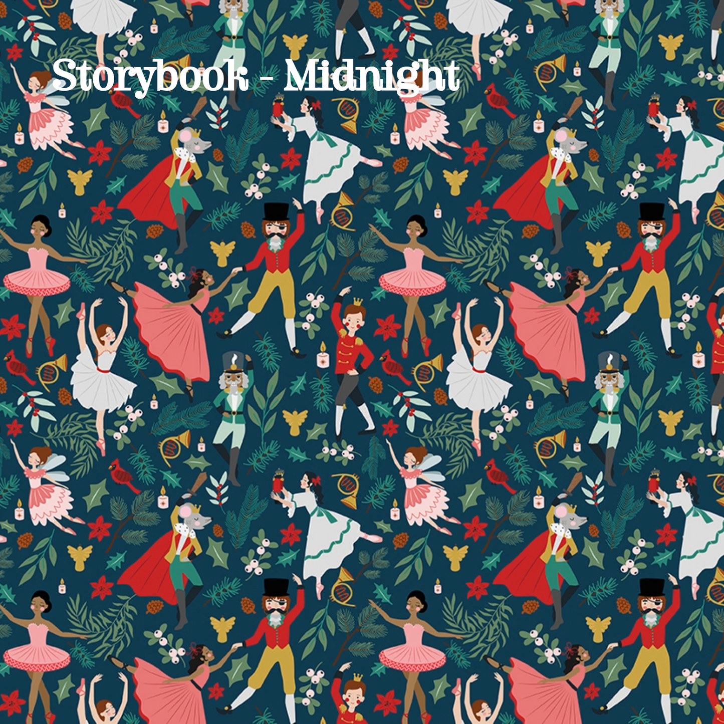 Fabric pattern Storybook Midnight: A narrative-style print featuring individual illustrated vignettes that mimic pages or scenes from a classic storybook, Colors: Midnight, Pine, Snow from The Nutcracker Tradition fabric collection is designed by Jennifer Long of Sew A Story for Riley Blake Designs. Inspired by the classic Christmas Eve ballet with beloved characters like the Nutcracker, Clara, the Mouse King, and the Sugar Plum Fairy.