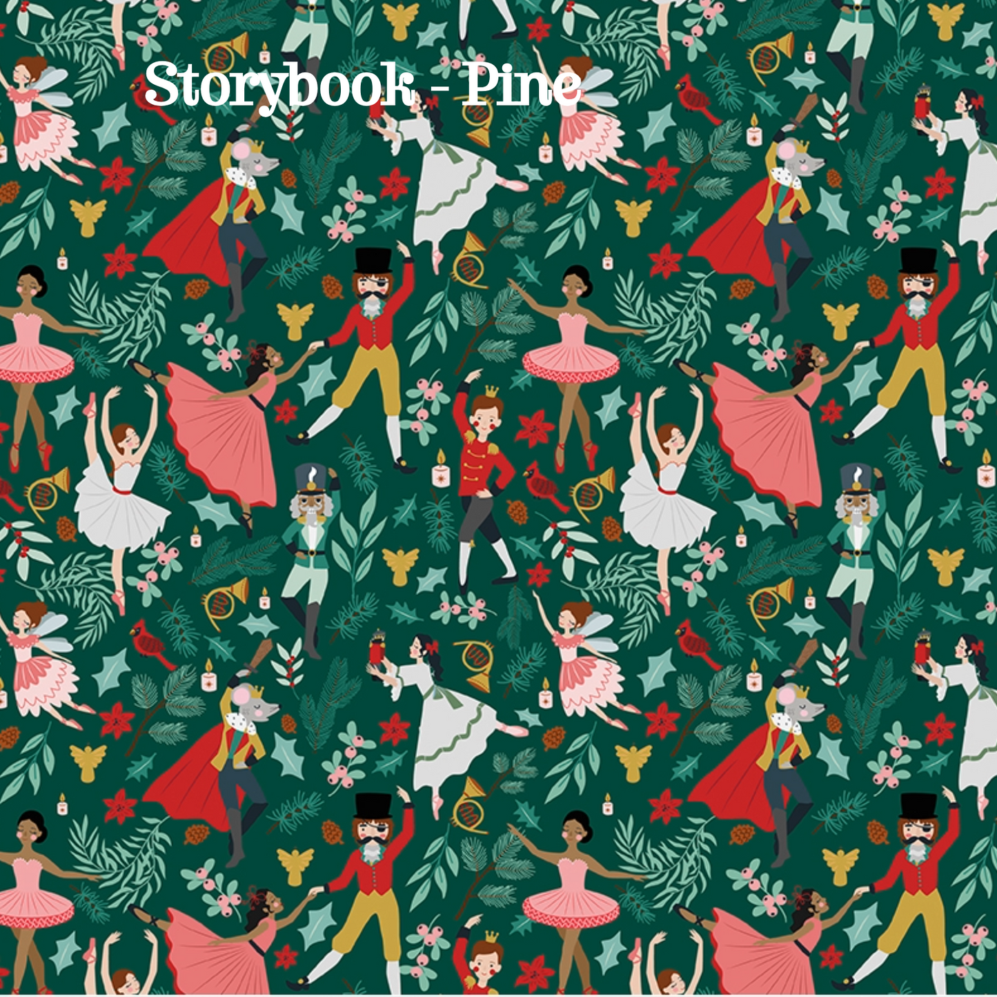 Fabric pattern Storybook Pine : A narrative-style print featuring individual illustrated vignettes that mimic pages or scenes from a classic storybook, Colors: Midnight, Pine, Snow from The Nutcracker Tradition fabric collection is designed by Jennifer Long of Sew A Story for Riley Blake Designs. Inspired by the classic Christmas Eve ballet with beloved characters like the Nutcracker, Clara, the Mouse King, and the Sugar Plum Fairy.