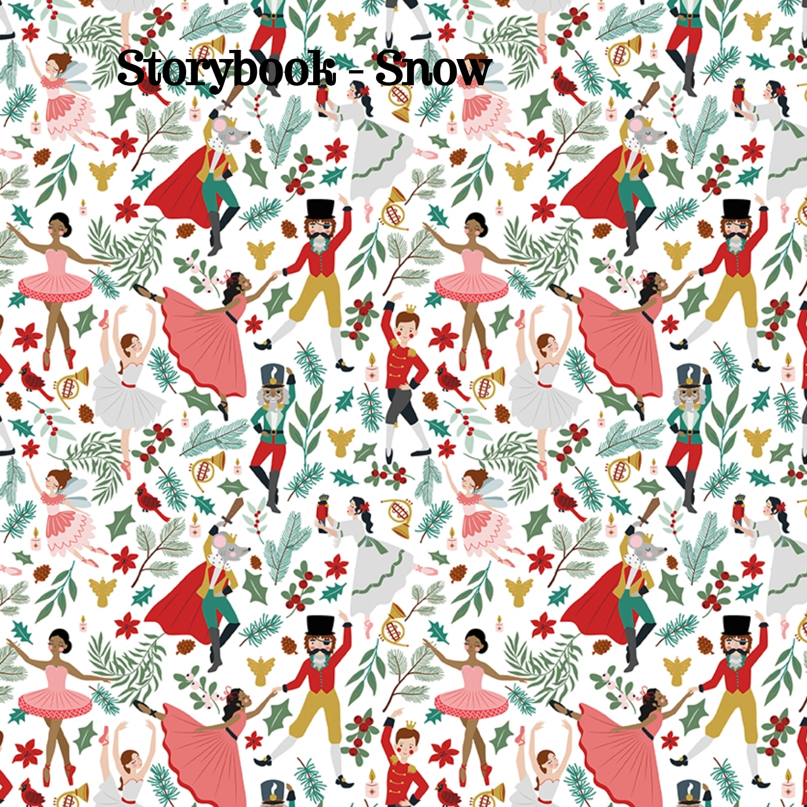 Fabric pattern Storybook Snow: A narrative-style print featuring individual illustrated vignettes that mimic pages or scenes from a classic storybook, Colors: Midnight, Pine, Snow from The Nutcracker Tradition fabric collection is designed by Jennifer Long of Sew A Story for Riley Blake Designs. Inspired by the classic Christmas Eve ballet with beloved characters like the Nutcracker, Clara, the Mouse King, and the Sugar Plum Fairy.