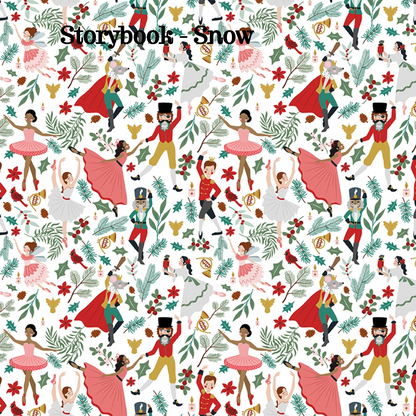 Fabric pattern Storybook Snow: A narrative-style print featuring individual illustrated vignettes that mimic pages or scenes from a classic storybook, Colors: Midnight, Pine, Snow from The Nutcracker Tradition fabric collection is designed by Jennifer Long of Sew A Story for Riley Blake Designs. Inspired by the classic Christmas Eve ballet with beloved characters like the Nutcracker, Clara, the Mouse King, and the Sugar Plum Fairy.