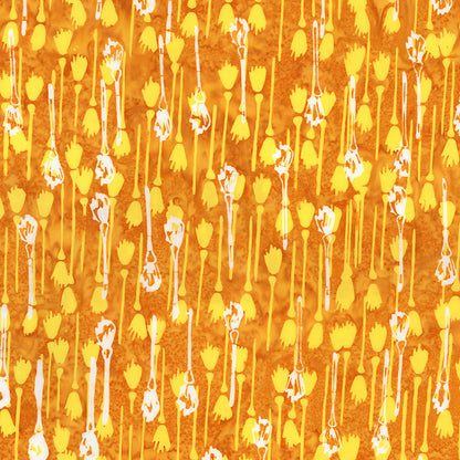 Fabric pattern Sunset Glow:  scattered broomsticks on orange background from The Whispering Hollows collection which features fun Halloween images, with colors invoking midnight skies, as well as favorite seasonal hues. The Batiks Collections by Riley Blake are produced in state-of-the-art facilities with the best Tjap designers and makers, color experts, and stamp prodigies.