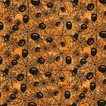 Fabric pattern  Tiger: hand-stamped spiderweb with jack o lantern faces on orange background from The Whispering Hollows collection which features fun Halloween images, with colors invoking midnight skies, as well as favorite seasonal hues. The Batiks Collections by Riley Blake are produced in state-of-the-art facilities with the best Tjap designers and makers, color experts, and stamp prodigies.