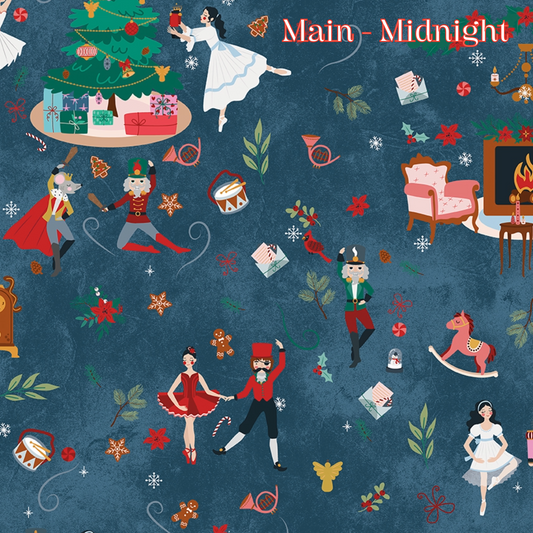 Fabric pattern Nutcracker Tradition Main Midnight: The flagship print showcasing a grand, detailed layout of the main characters—including dancers, nutcrackers, the Mouse King, wrapped presents, and cozy Christmas trees, Colors: Midnight, Pine, Snow from The Nutcracker Tradition fabric collection is designed by Jennifer Long of Sew A Story for Riley Blake Designs. Inspired by the classic Christmas Eve ballet with beloved characters like the Nutcracker, Clara, the Mouse King, and the Sugar Plum Fairy.