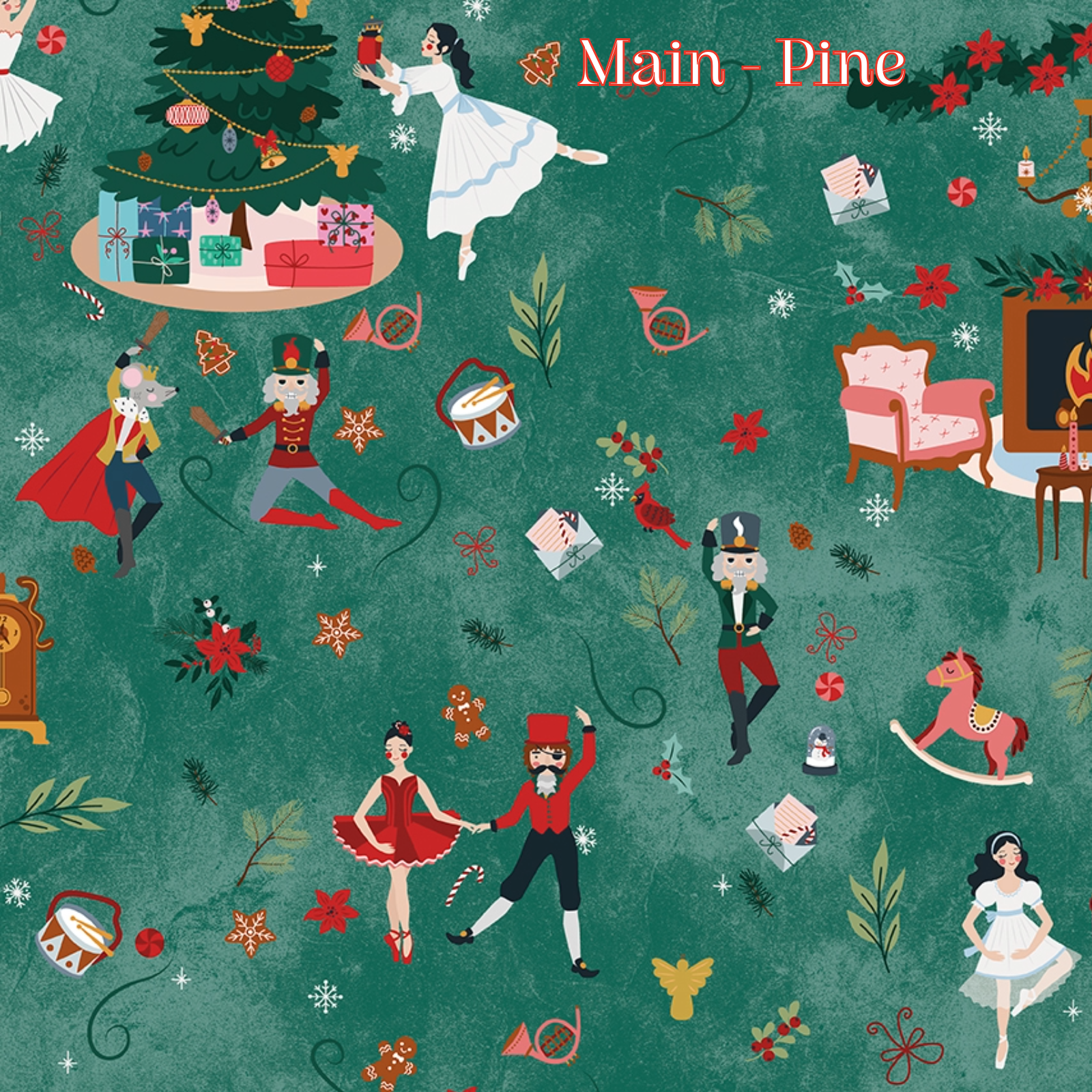 Fabric pattern Nutcracker Tradition Main Pine: The flagship print showcasing a grand, detailed layout of the main characters—including dancers, nutcrackers, the Mouse King, wrapped presents, and cozy Christmas trees, Colors: Midnight, Pine, Snow from The Nutcracker Tradition fabric collection is designed by Jennifer Long of Sew A Story for Riley Blake Designs. Inspired by the classic Christmas Eve ballet with beloved characters like the Nutcracker, Clara, the Mouse King, and the Sugar Plum Fairy.