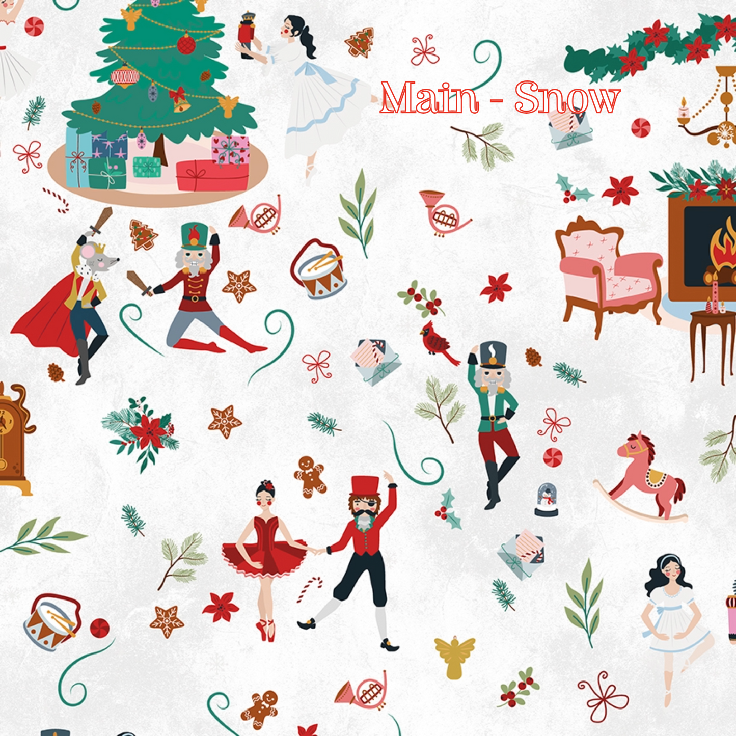 Fabric pattern Nutcracker Tradition Main Snow: The flagship print showcasing a grand, detailed layout of the main characters—including dancers, nutcrackers, the Mouse King, wrapped presents, and cozy Christmas trees, Colors: Midnight, Pine, Snow from The Nutcracker Tradition fabric collection is designed by Jennifer Long of Sew A Story for Riley Blake Designs. Inspired by the classic Christmas Eve ballet with beloved characters like the Nutcracker, Clara, the Mouse King, and the Sugar Plum Fairy.
