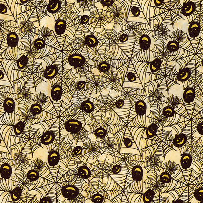 Fabric pattern Bees whisper: hand-stamped spiderweb with jack o lantern faces on a light yellow background from The Whispering Hollows collection which features fun Halloween images, with colors invoking midnight skies, as well as favorite seasonal hues. The Batiks Collections by Riley Blake are produced in state-of-the-art facilities with the best Tjap designers and makers, color experts, and stamp prodigies.